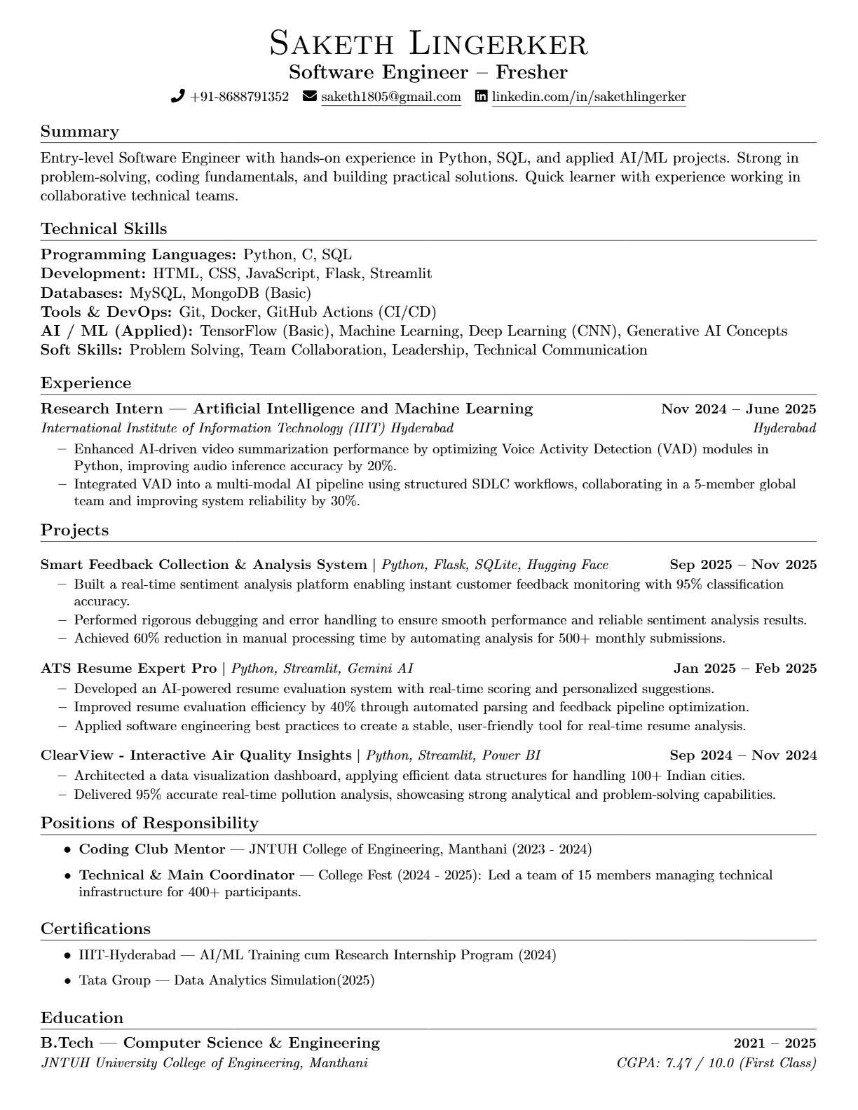 Saketh Lingerker Resume